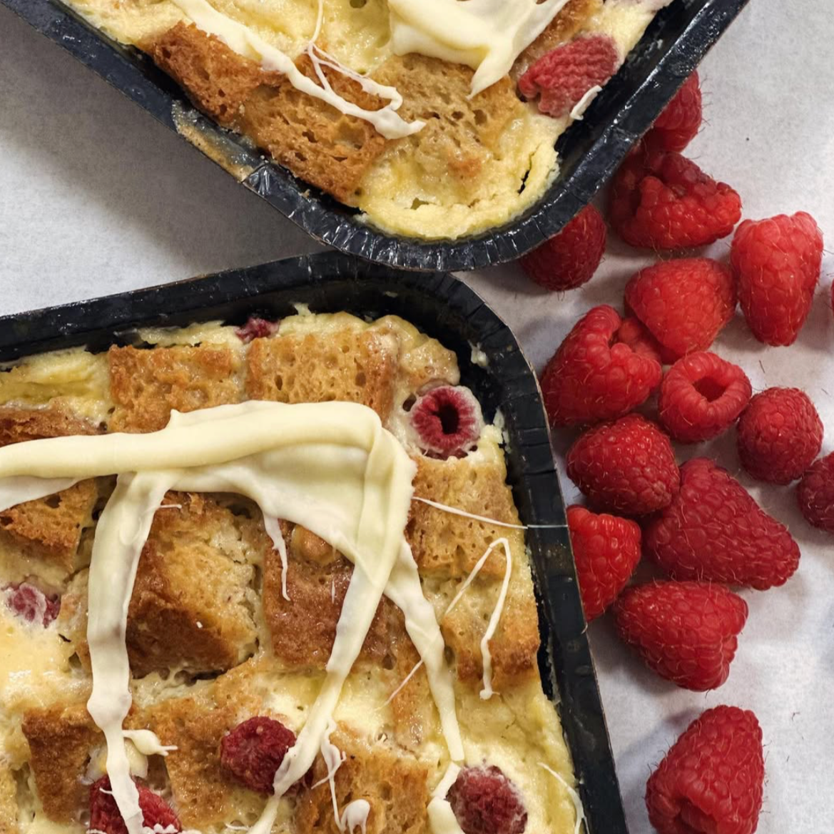 Raspberry Bread Pudding with White Chocolate DF NF – whitelionbaking.com